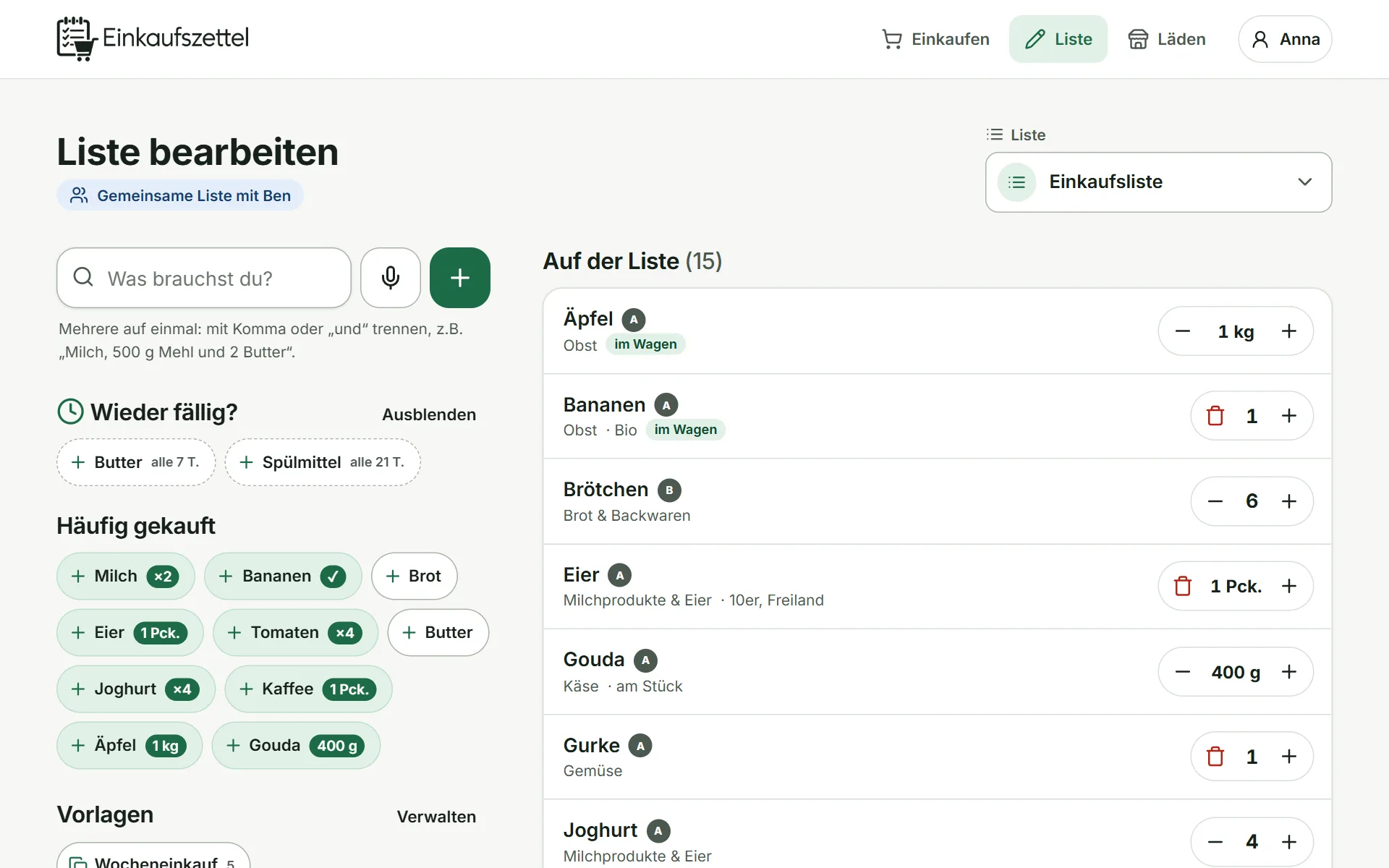 Liste bearbeiten am Computer: links Eingabefeld und „Häufig gekauft“, rechts die Liste mit Mengen.