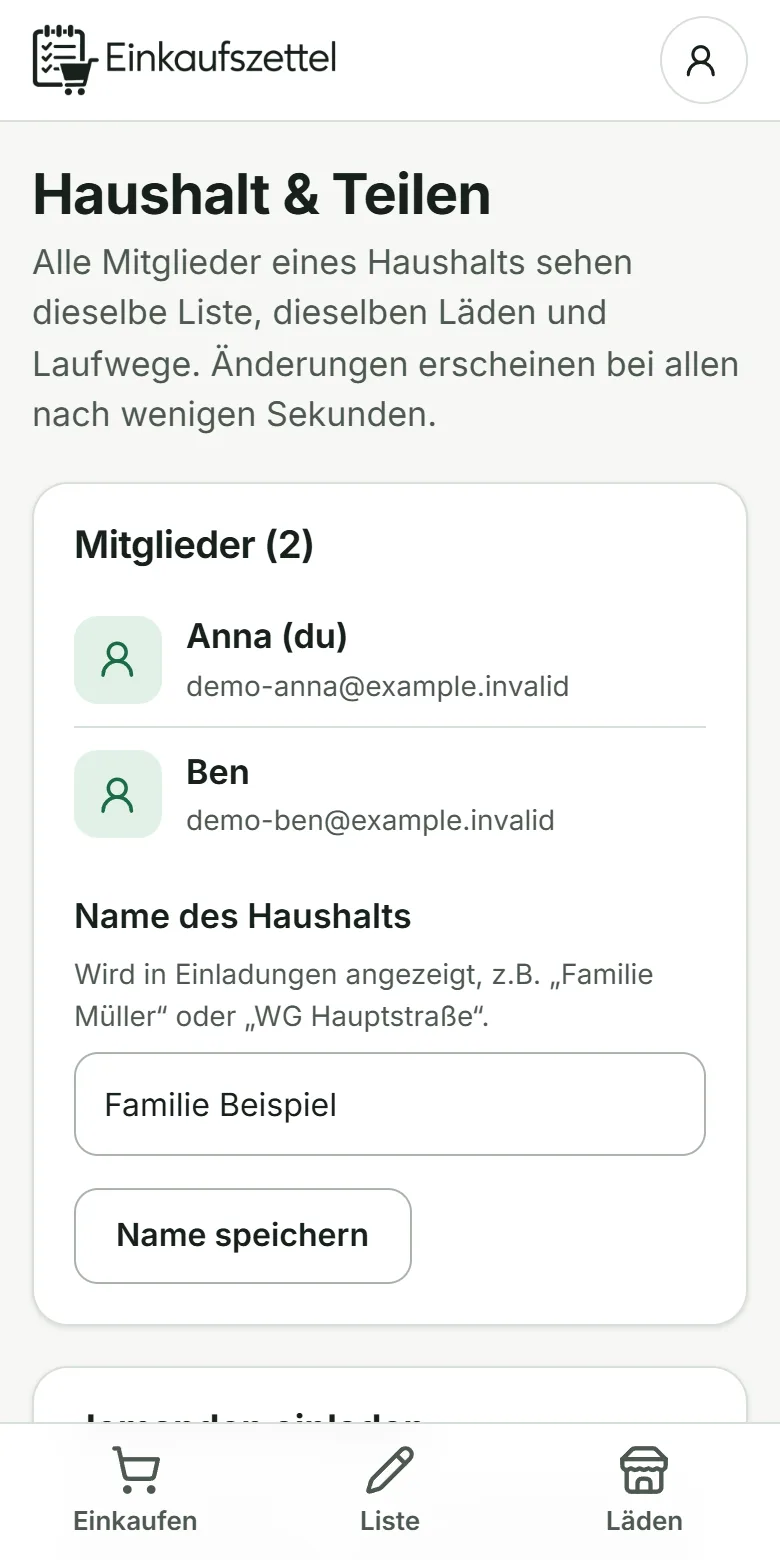 Haushalt „Familie Beispiel“ mit zwei Mitgliedern und Bereich zum Einladen per Link oder E-Mail.