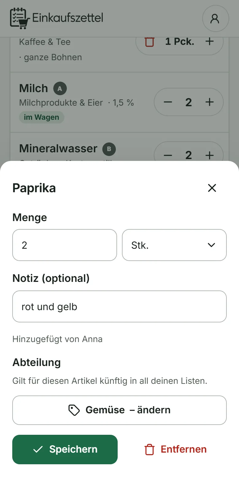 Dialog zu einem Artikel mit Anzahl, Notizfeld und Auswahl der Abteilung.