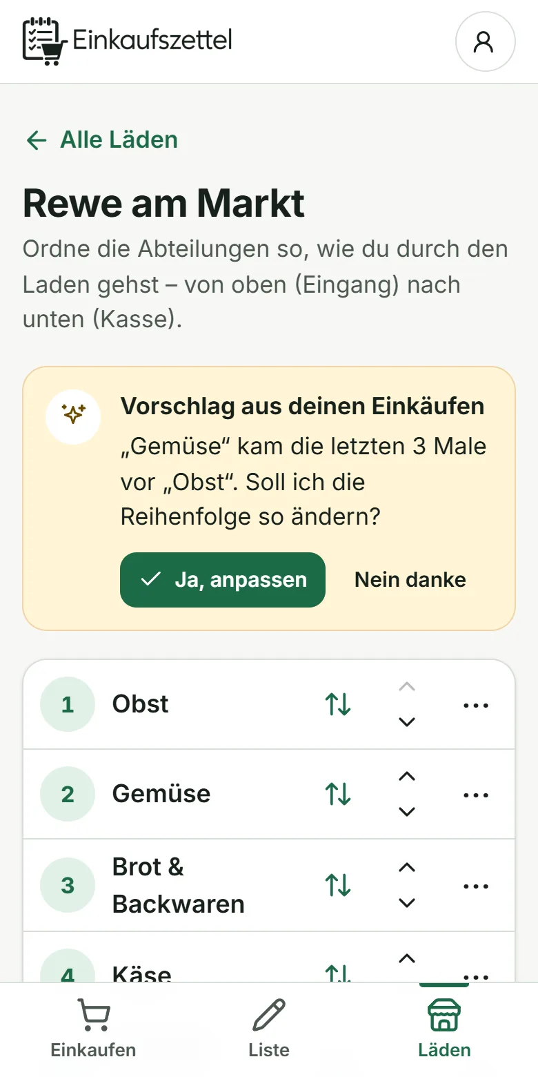 Laufweg eines Supermarkts: nummerierte Abteilungen mit Griff zum Verschieben und Pfeilen zum Umsortieren.