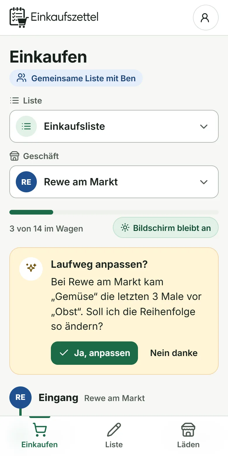 Die Einkaufsansicht auf dem Handy mit Fortschrittsbalken und abhakbaren Artikeln.